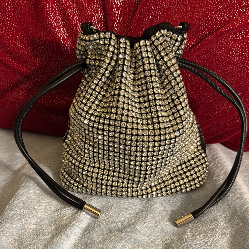 Elegant clear Chrystal Gold and Black Drawstring Bag